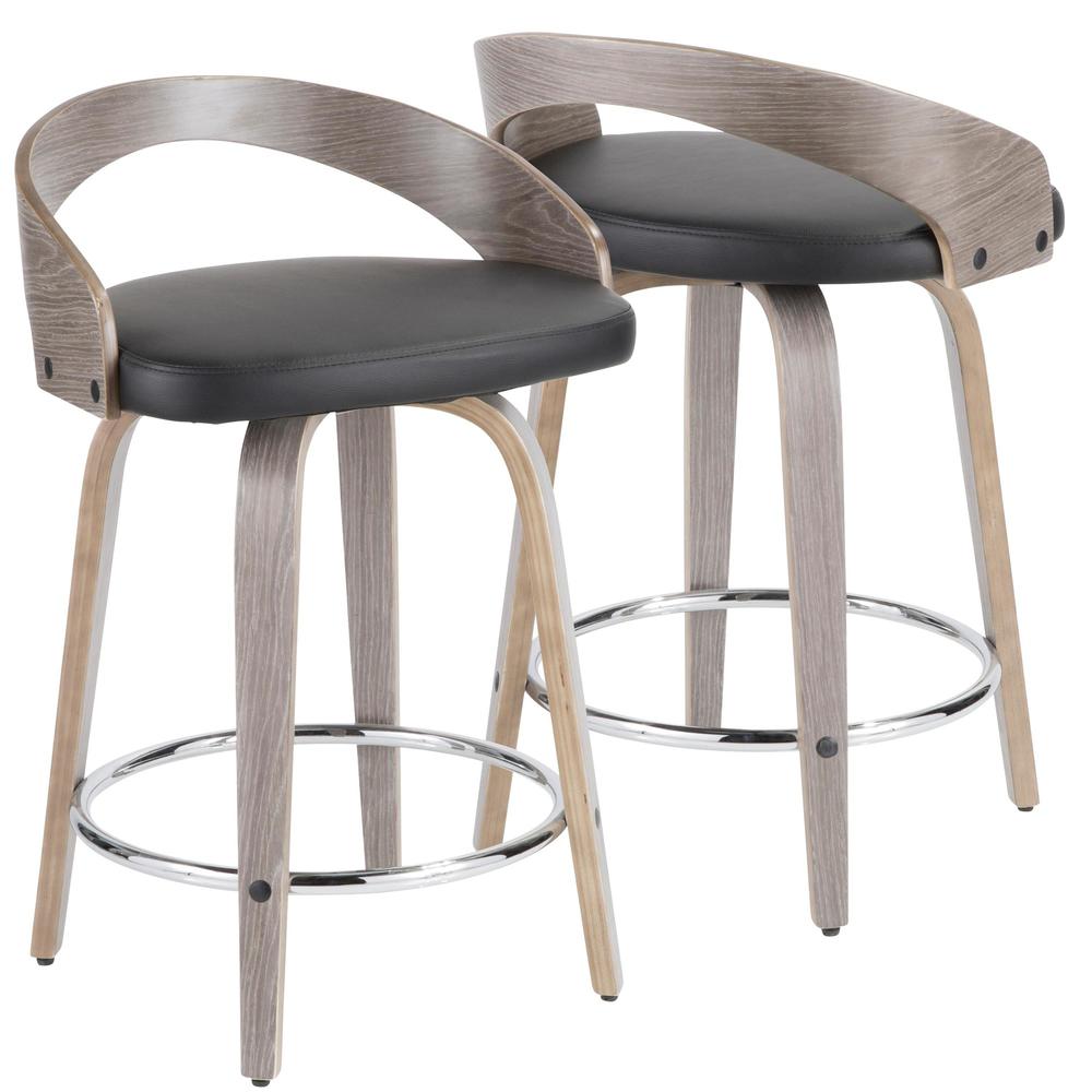 Grotto Mid-Century Modern Counter Stool with Light Grey Wood and Black Faux Leather - Set of 2. Picture 2