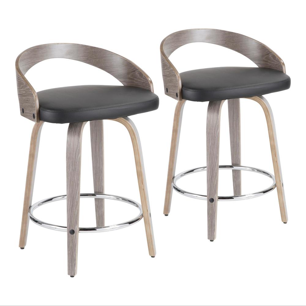 Grotto Mid-Century Modern Counter Stool with Light Grey Wood and Black Faux Leather - Set of 2. Picture 1