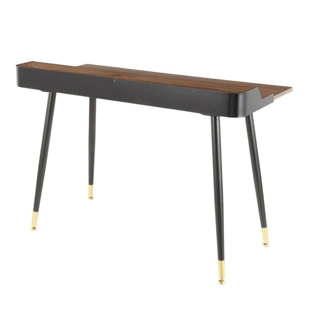 Harvey Mid-Century Modern Desk in Black Metal and Walnut Wood with Gold Accent. Picture 3