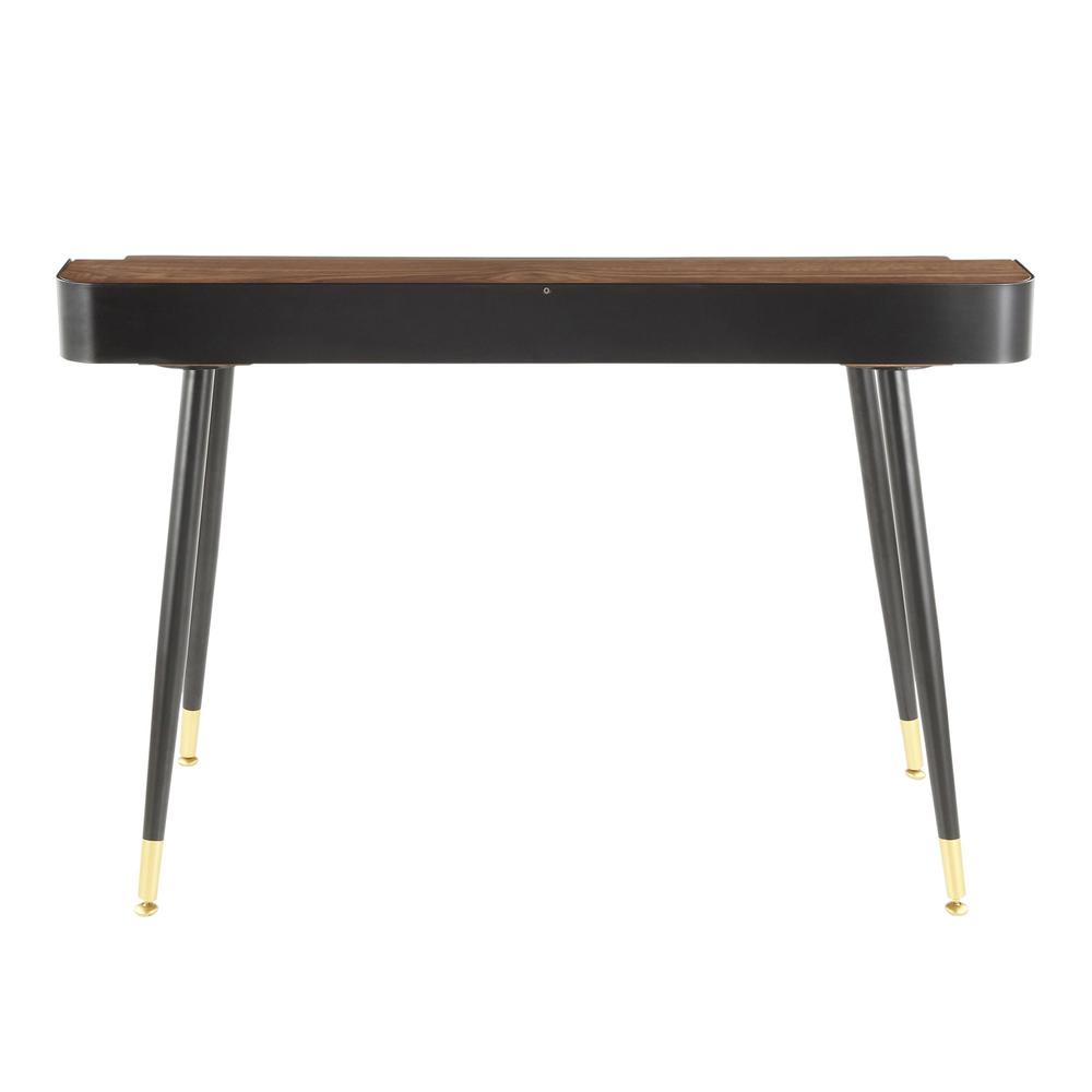 Harvey Mid-Century Modern Desk in Black Metal and Walnut Wood with Gold Accent. Picture 4