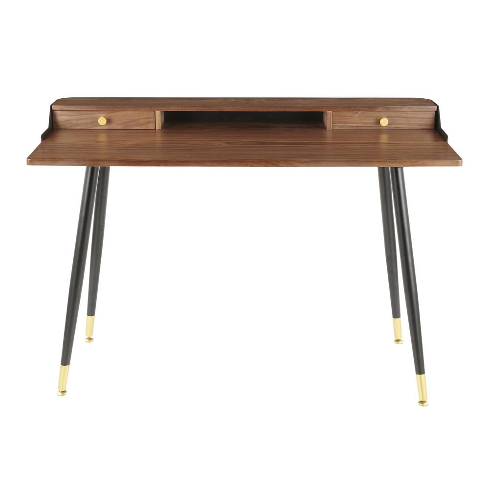 Harvey Mid-Century Modern Desk in Black Metal and Walnut Wood with Gold Accent. Picture 5