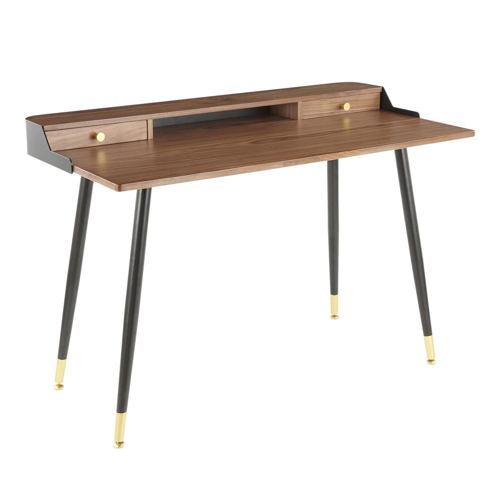 Harvey Mid-Century Modern Desk in Black Metal and Walnut Wood with Gold Accent. Picture 1