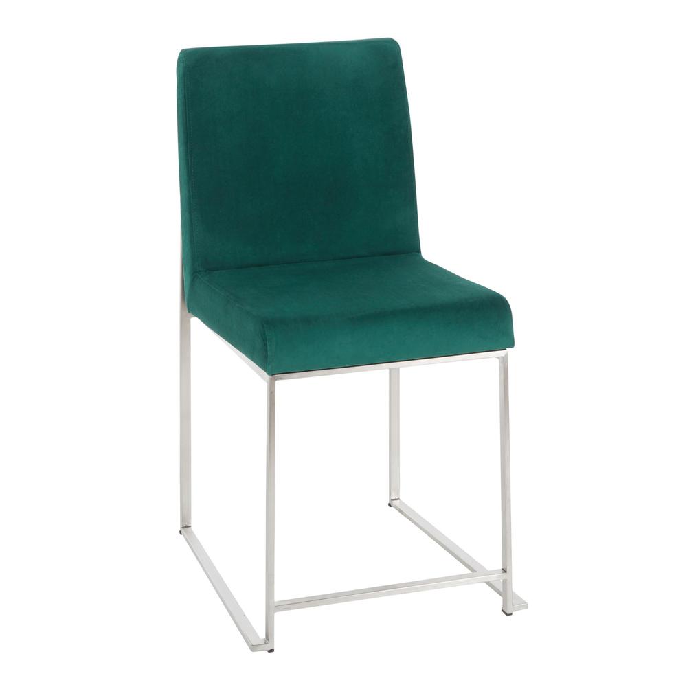 Brushed Stainless Steel, Green Velvet High Back Fuji Dining Chair - Set of 2. Picture 2