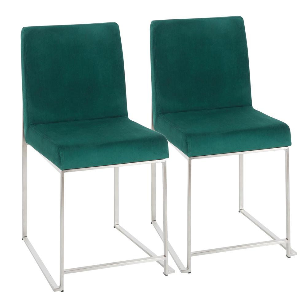 Brushed Stainless Steel, Green Velvet High Back Fuji Dining Chair - Set of 2. Picture 1