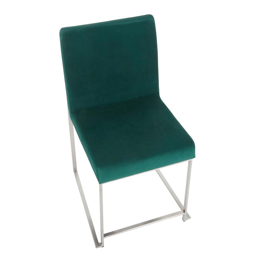 Brushed Stainless Steel, Green Velvet High Back Fuji Dining Chair - Set of 2. Picture 7