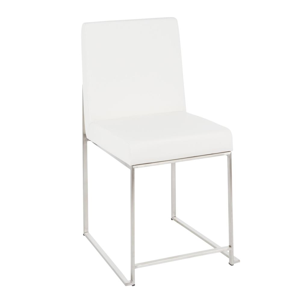 Brushed Stainless Steel, White PU High Back Fuji Dining Chair - Set of 2. Picture 2