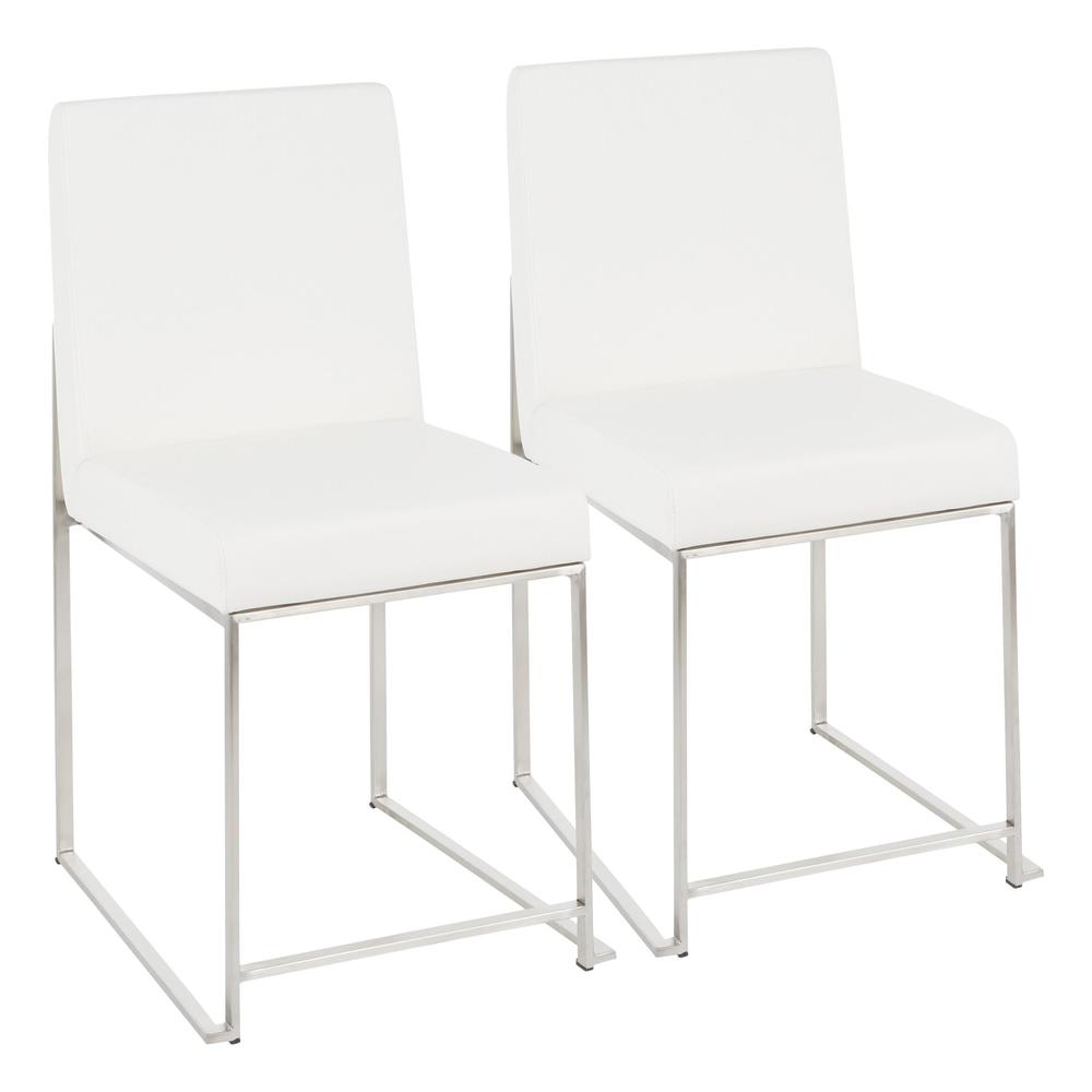 Brushed Stainless Steel, White PU High Back Fuji Dining Chair - Set of 2. Picture 1