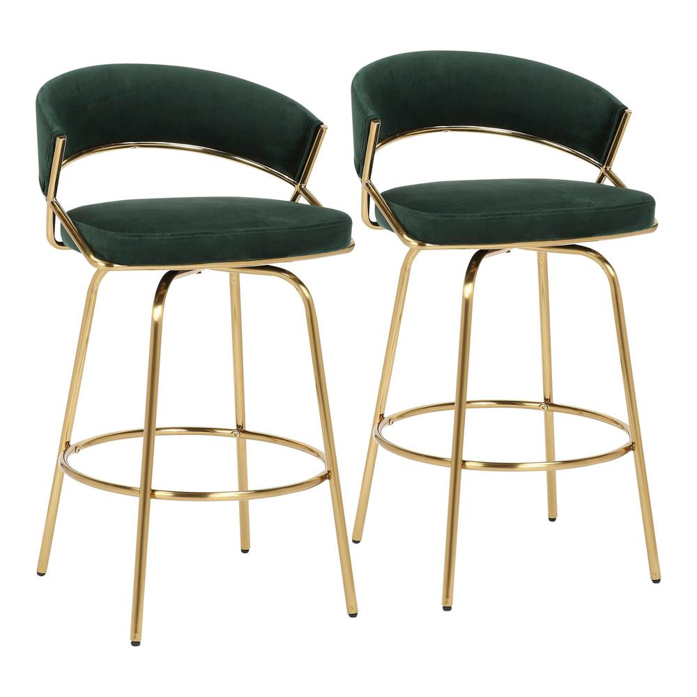 Gold Metal, Green Velvet Jie Fixed-height Counter Stool - Set of 2. Picture 1