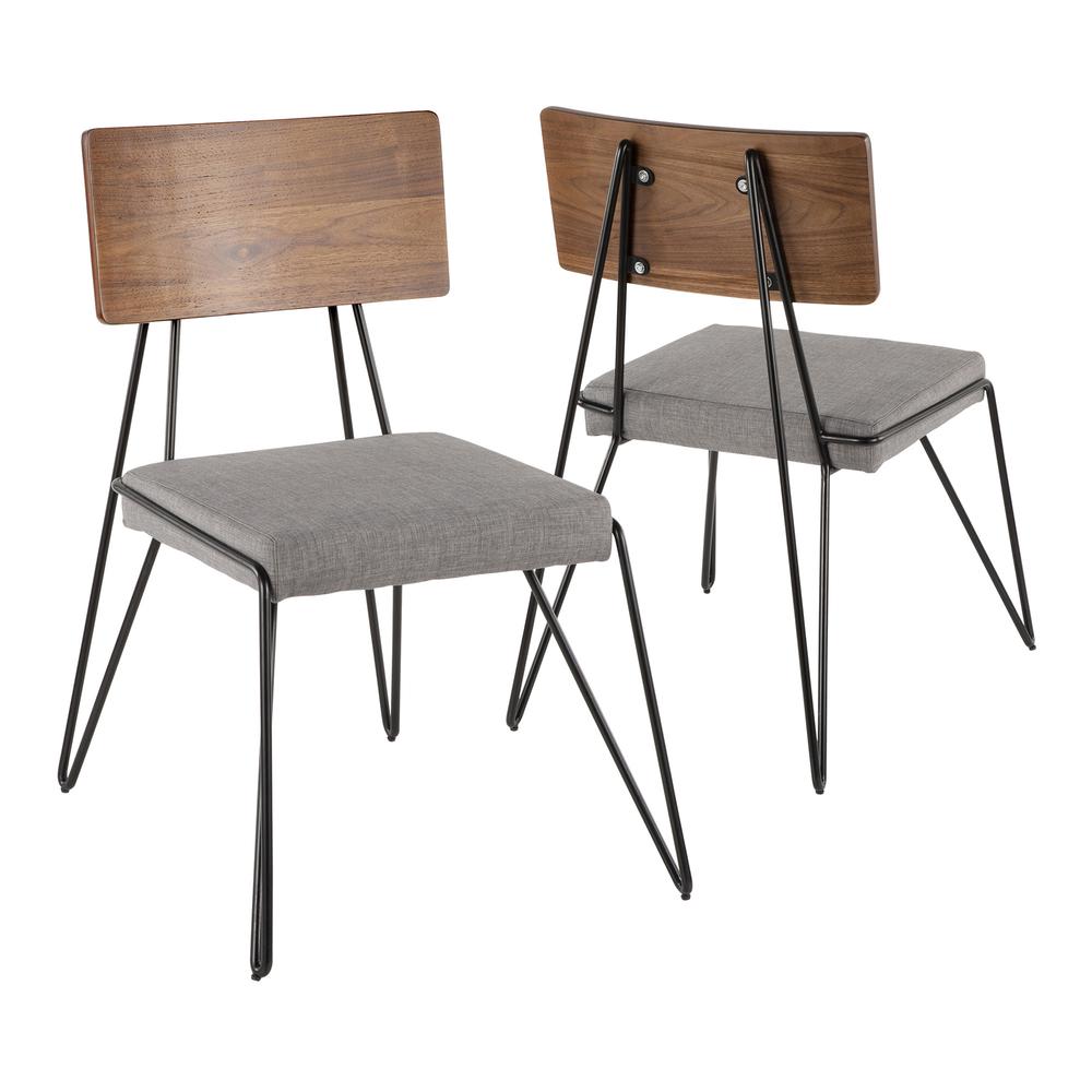 Loft Mid-Century Modern Chair in Black Metal with Grey Fabric and Walnut Wood Accent - Set of 2. Picture 2