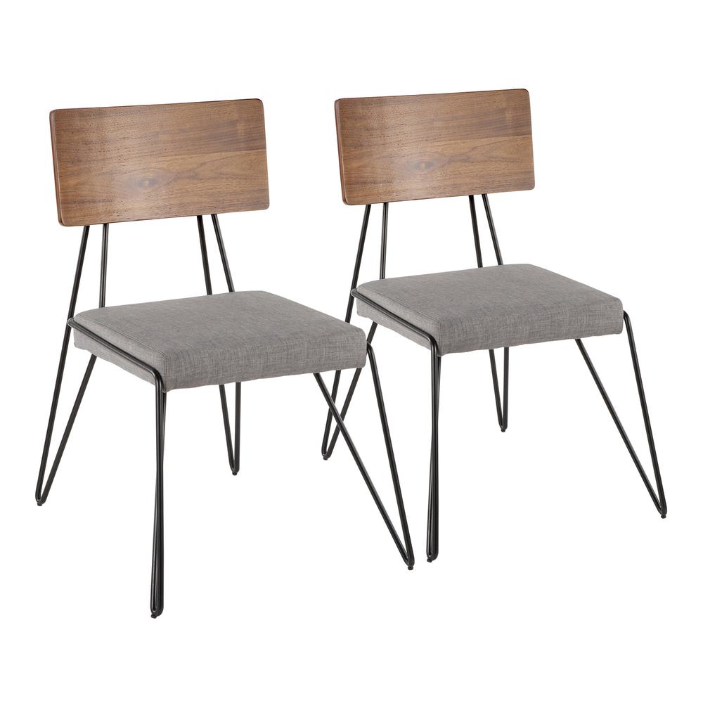 Loft Mid-Century Modern Chair in Black Metal with Grey Fabric and Walnut Wood Accent - Set of 2. Picture 1