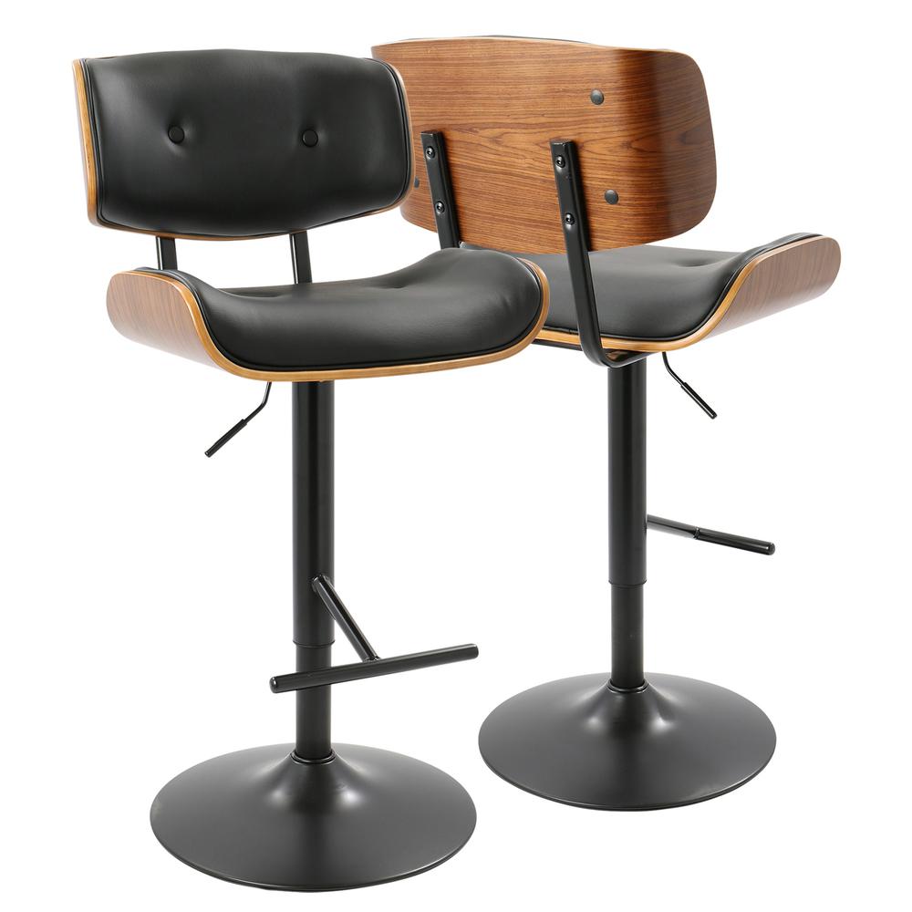 Lombardi Mid-Century Modern Adjustable Barstool in Walnut with Black Faux Leather. Picture 1