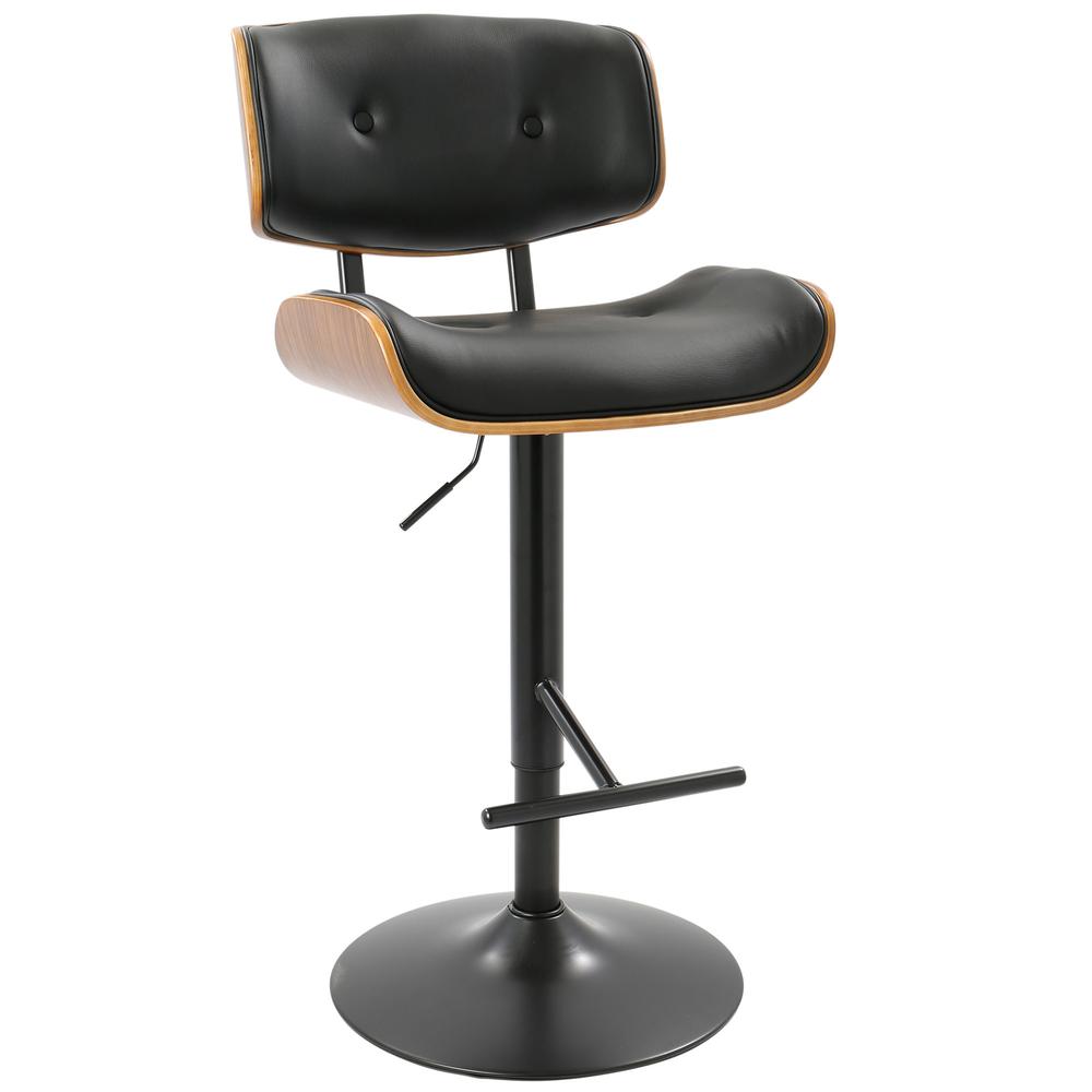 Lombardi Mid-Century Modern Adjustable Barstool in Walnut with Black Faux Leather. Picture 2