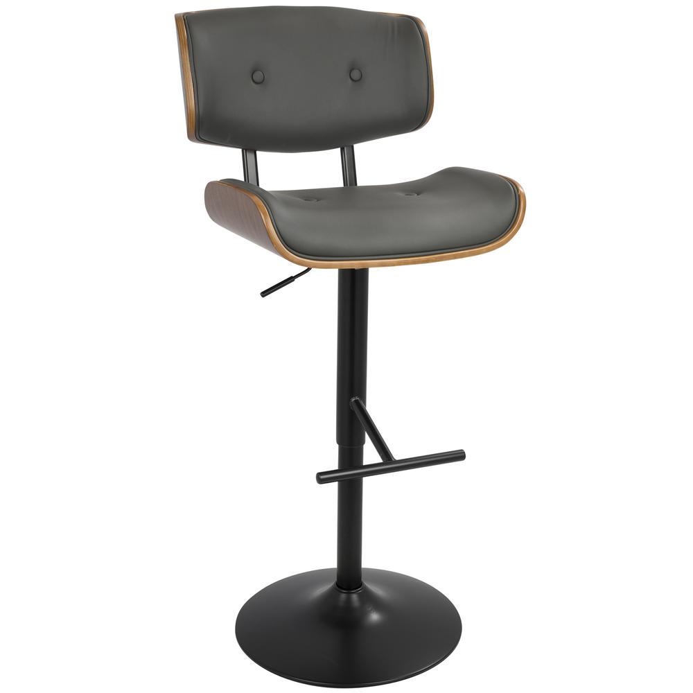 Lombardi Mid-Century Modern Adjustable Barstool in Walnut with Grey Faux Leather. Picture 2