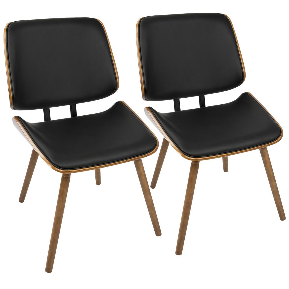 Lombardi Mid-Century Modern Dining/Accent Chair in Walnut with Black Faux Leather - Set of 2. Picture 1