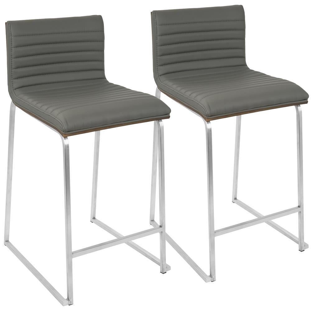 Mara 26" Contemporary Counter Stool in Brushed Stainless Steel, Walnut Wood, and Grey Faux Leather - Set of 2. Picture 1