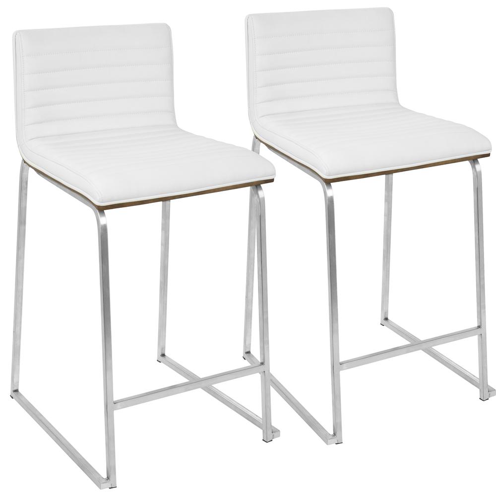 Mara 26" Contemporary Counter Stool in Brushed Stainless Steel, Walnut Wood, and White Faux Leather - Set of 2. Picture 1