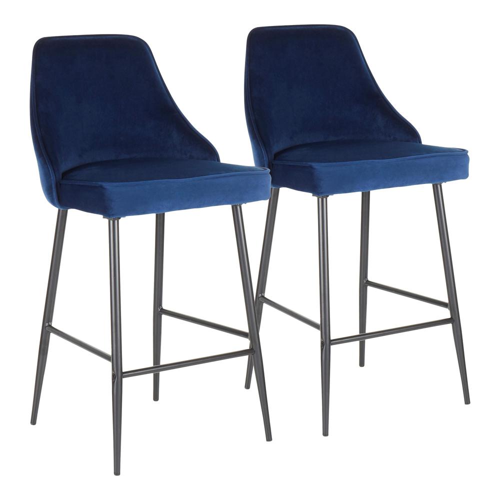 Marcel Contemporary Counter Stool in Black Metal and Navy Blue Velvet - Set of 2. Picture 1
