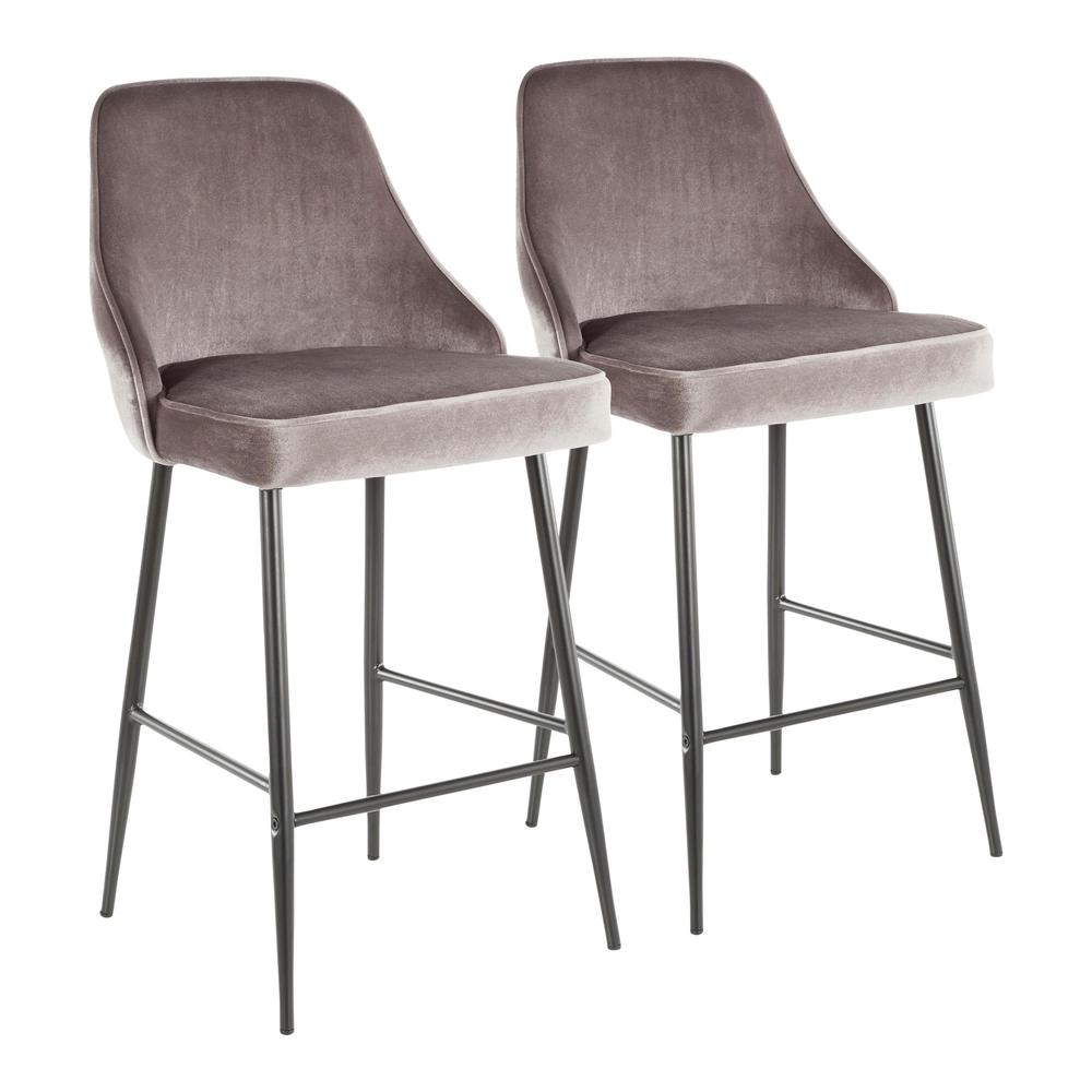 Marcel Contemporary Counter Stool in Black Metal and Silver Velvet - Set of 2. Picture 1