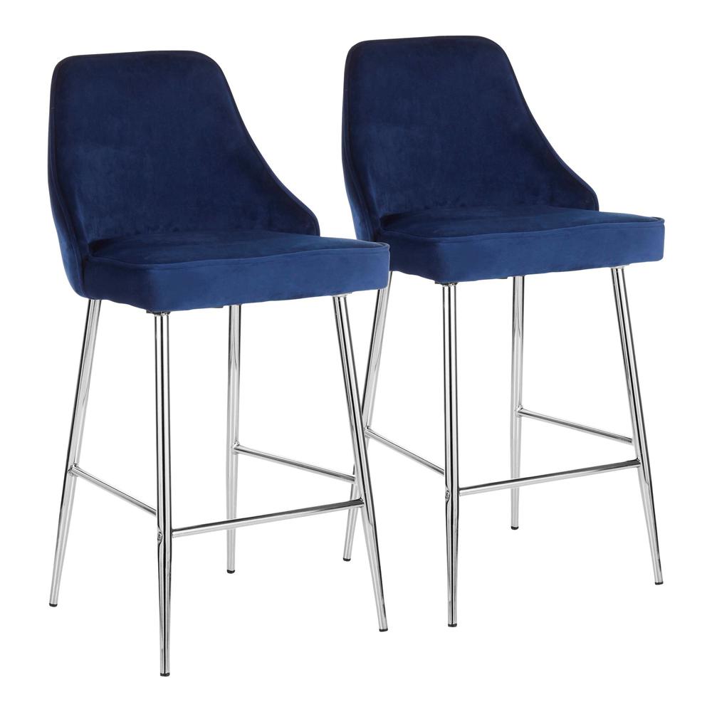 Marcel Contemporary Counter Stool in Chrome and Navy Blue Velvet - Set of 2. Picture 1