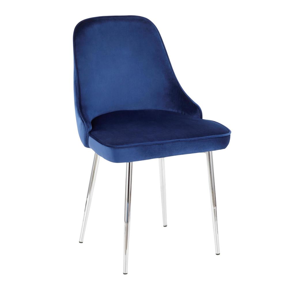 Marcel Contemporary Dining Chair with Chrome Frame and Blue Velvet Fabric - Set of 2. Picture 2