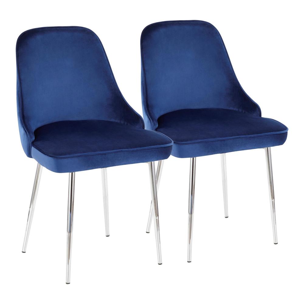 Marcel Contemporary Dining Chair with Chrome Frame and Blue Velvet Fabric - Set of 2. Picture 1