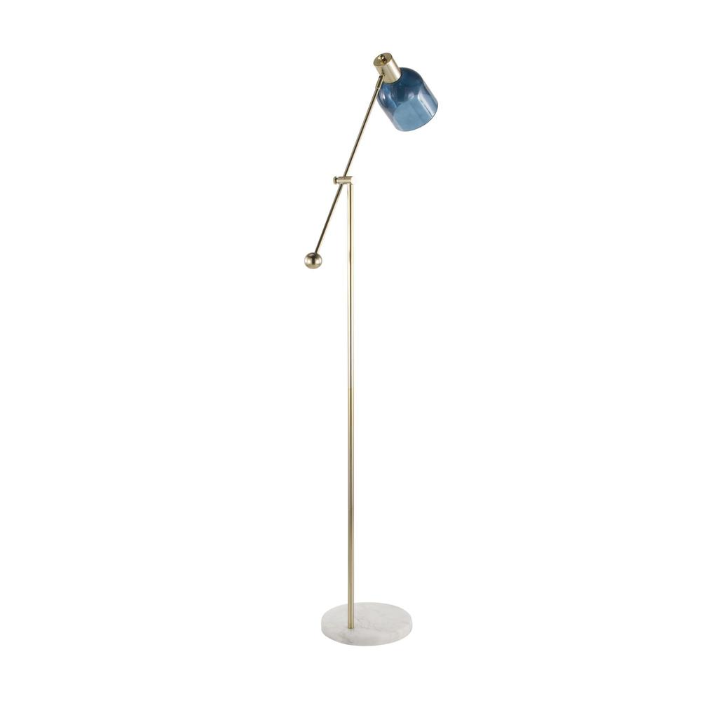 Marcel Contemporary Floor Lamp in White Marble, Gold Metal and Blue Glass. Picture 4