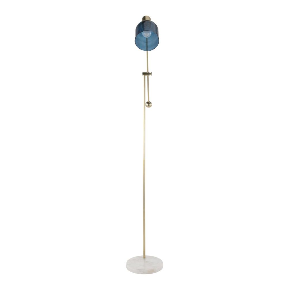 Marcel Contemporary Floor Lamp in White Marble, Gold Metal and Blue Glass. Picture 6
