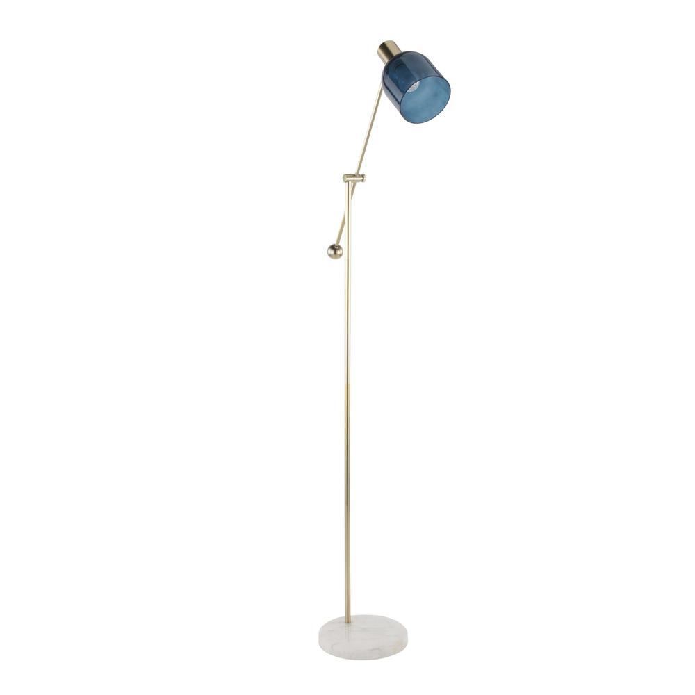 Marcel Contemporary Floor Lamp in White Marble, Gold Metal and Blue Glass. Picture 1