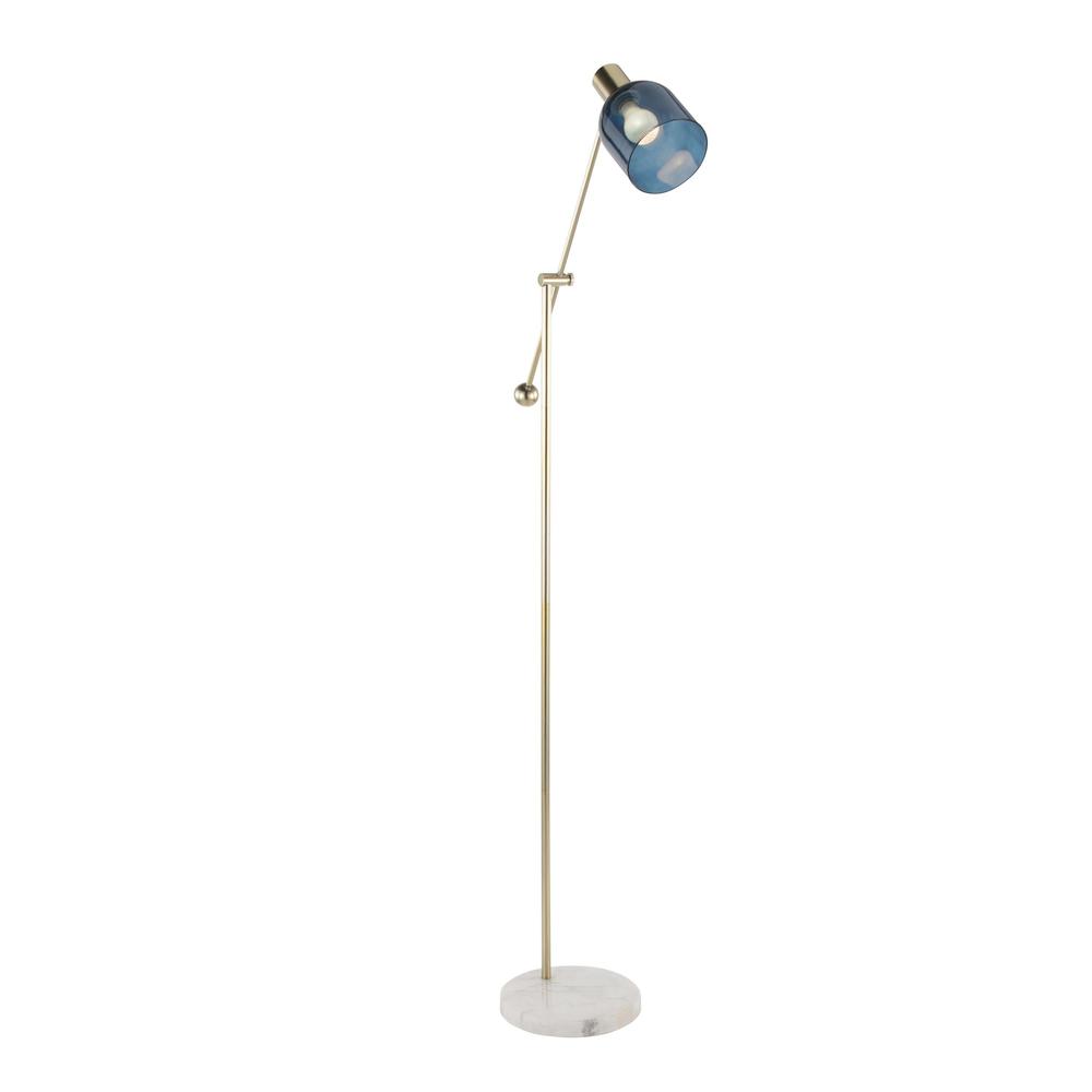 Marcel Contemporary Floor Lamp in White Marble, Gold Metal and Blue Glass. Picture 2