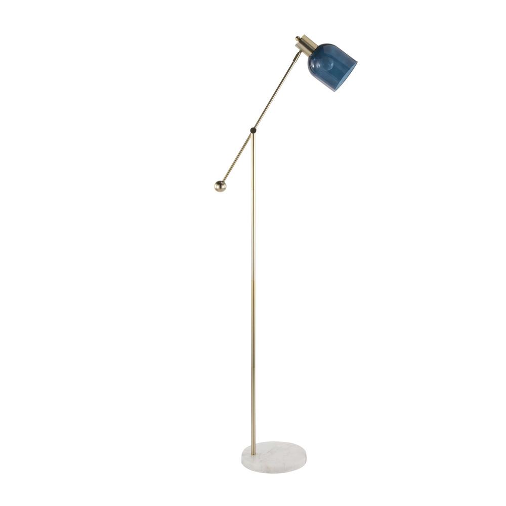 Marcel Contemporary Floor Lamp in White Marble, Gold Metal and Blue Glass. Picture 3