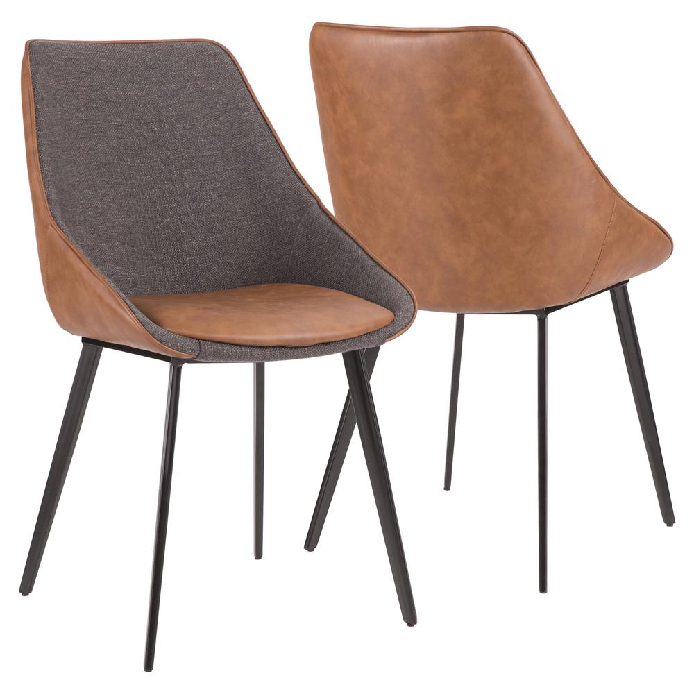 Marche Contemporary Two-Tone Chair in Brown Faux Leather and Grey Fabric - Set of 2. Picture 2