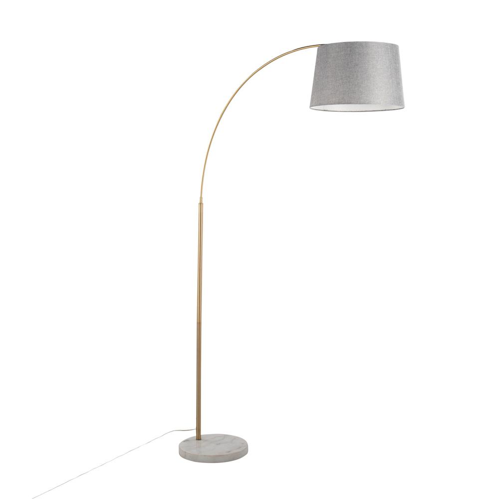 White Marble, Antique Brass, Grey Linen March Floor Lamp. Picture 1