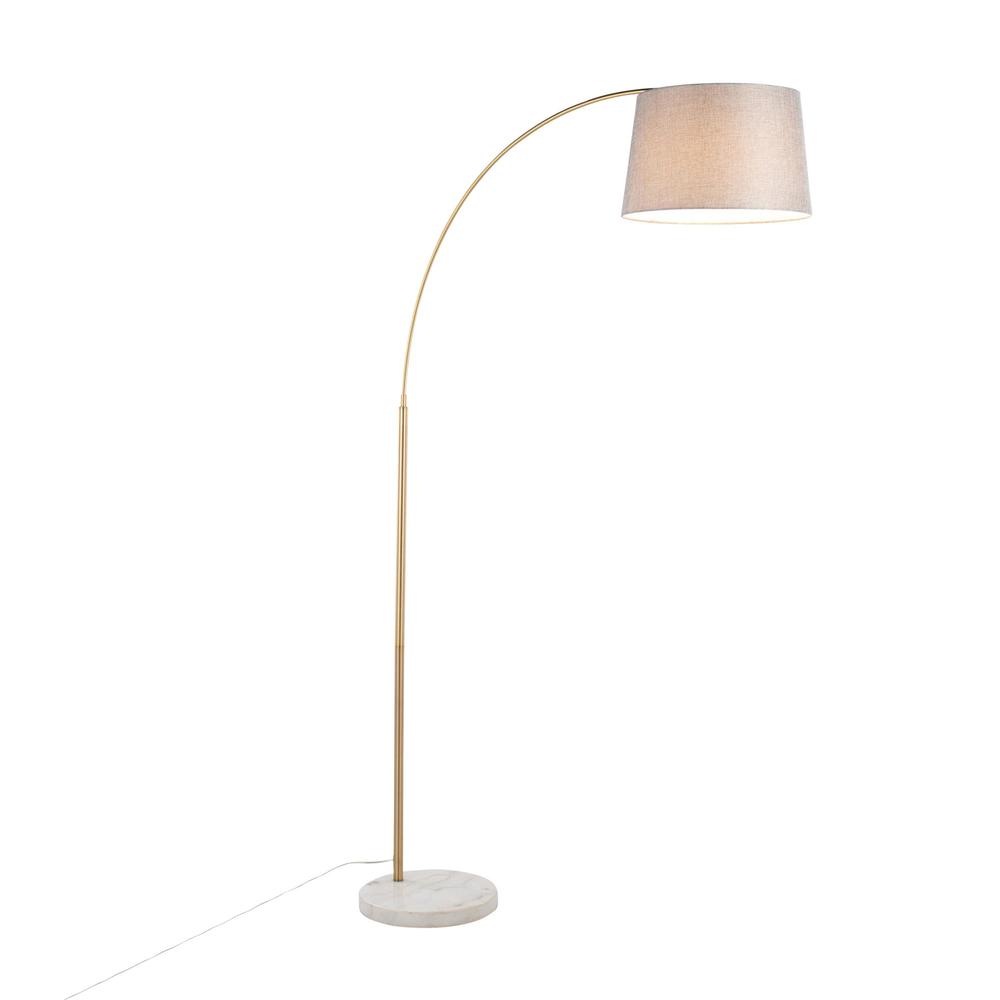 White Marble, Antique Brass, Grey Linen March Floor Lamp. Picture 2