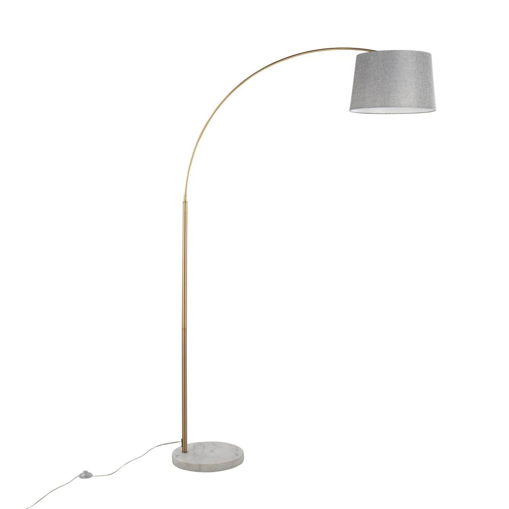 White Marble, Antique Brass, Grey Linen March Floor Lamp. Picture 3