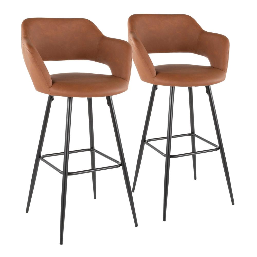 Margarite Contemporary Barstool in Black Metal and Brown Faux Leather - Set of 2. Picture 1