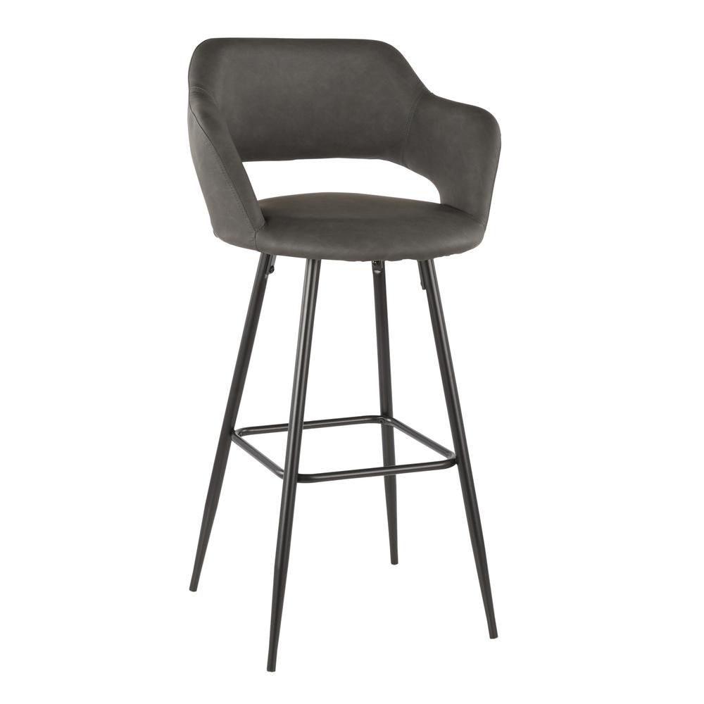 Margarite Contemporary Barstool in Black Metal and Grey Faux Leather - Set of 2. Picture 2