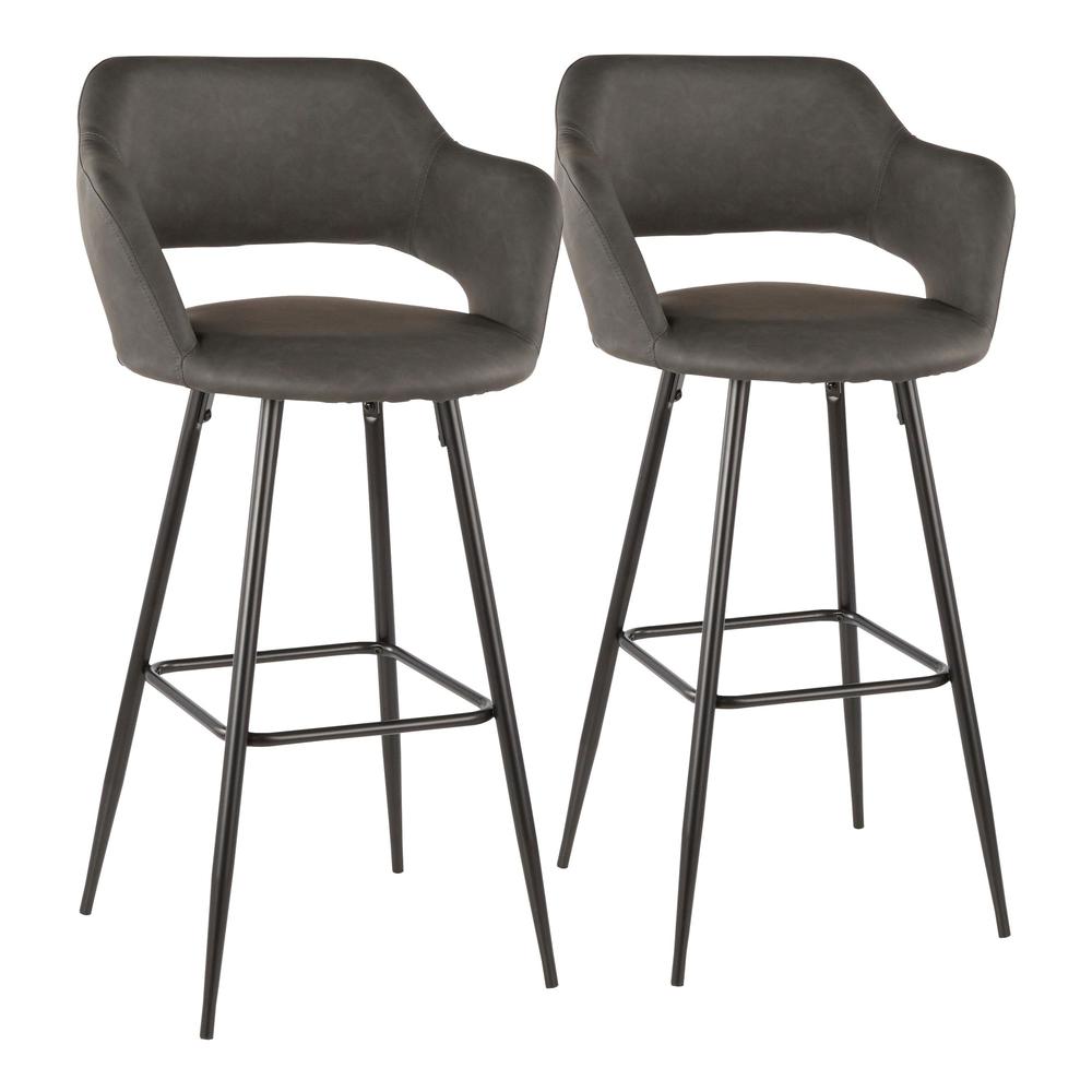 Margarite Contemporary Barstool in Black Metal and Grey Faux Leather - Set of 2. Picture 1