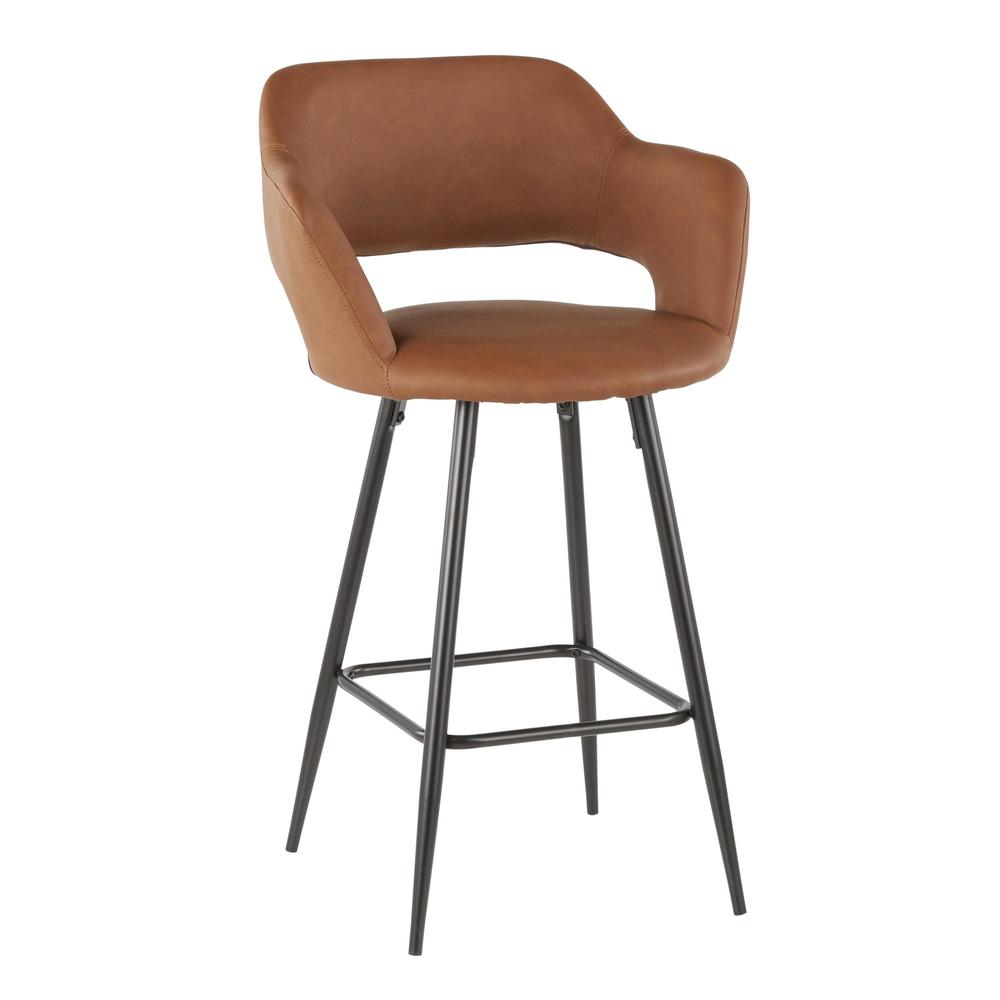 Margarite Contemporary Counter Stool in Black Metal and Brown Faux Leather - Set of 2. Picture 2