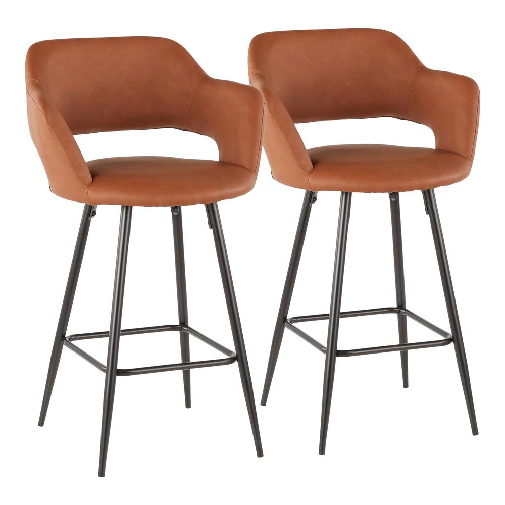 Margarite Contemporary Counter Stool in Black Metal and Brown Faux Leather - Set of 2. Picture 1