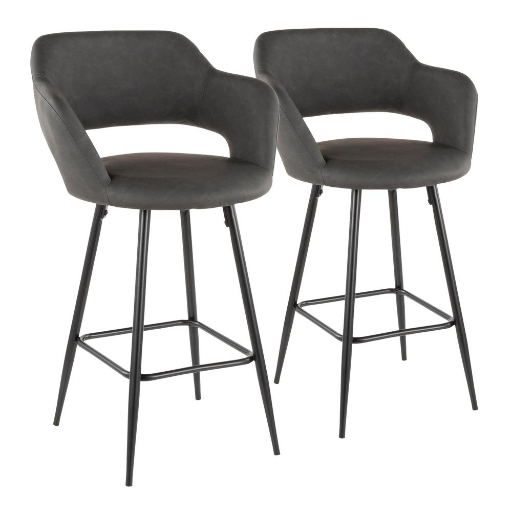 Margarite Contemporary Counter Stool in Black Metal and Grey Faux Leather - Set of 2. Picture 1