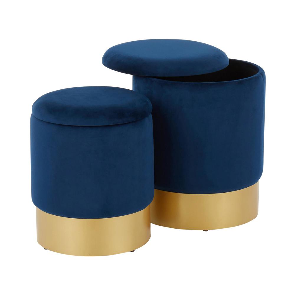 Marla Contemporary/Glam Nesting Ottoman Set in Gold Metal and Blue Velvet. Picture 3