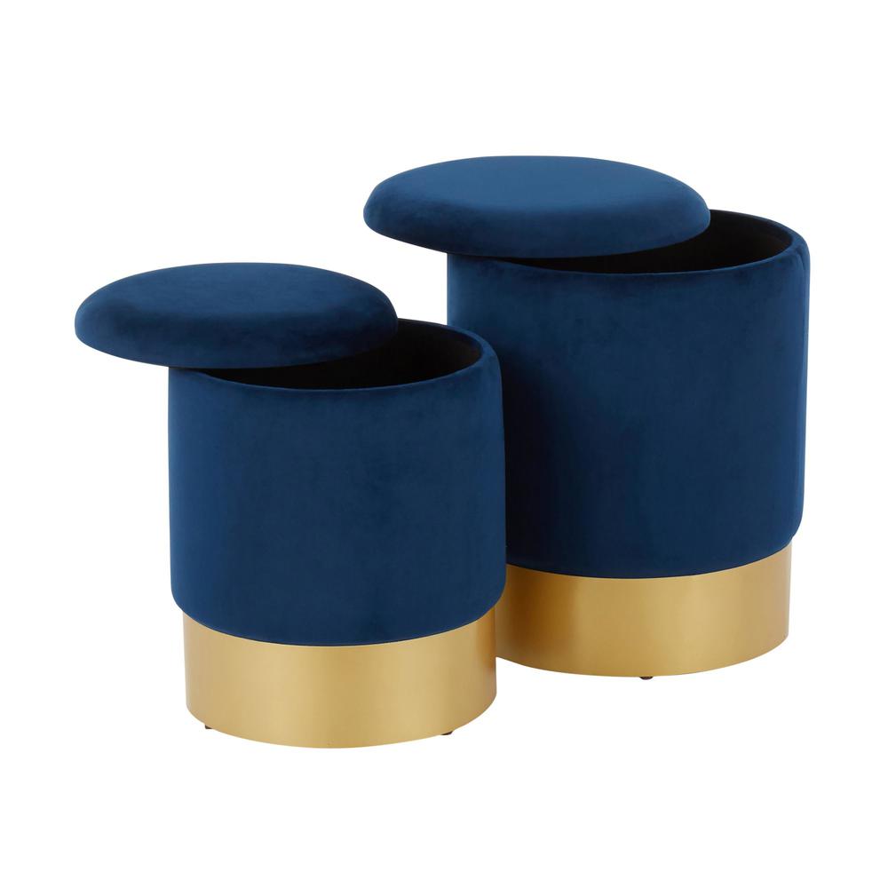 Marla Contemporary/Glam Nesting Ottoman Set in Gold Metal and Blue Velvet. Picture 4