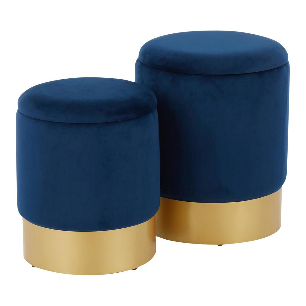 Marla Contemporary/Glam Nesting Ottoman Set in Gold Metal and Blue Velvet. Picture 1
