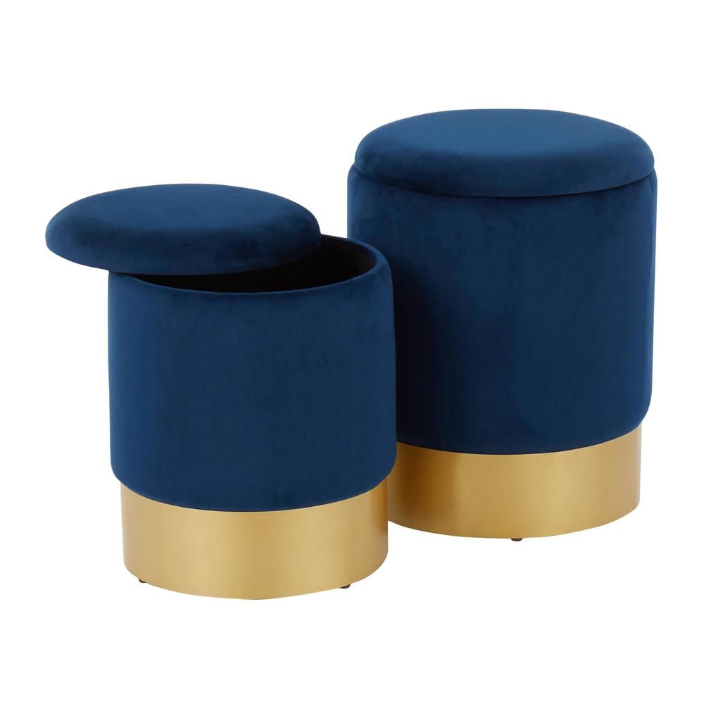 Marla Contemporary/Glam Nesting Ottoman Set in Gold Metal and Blue Velvet. Picture 2