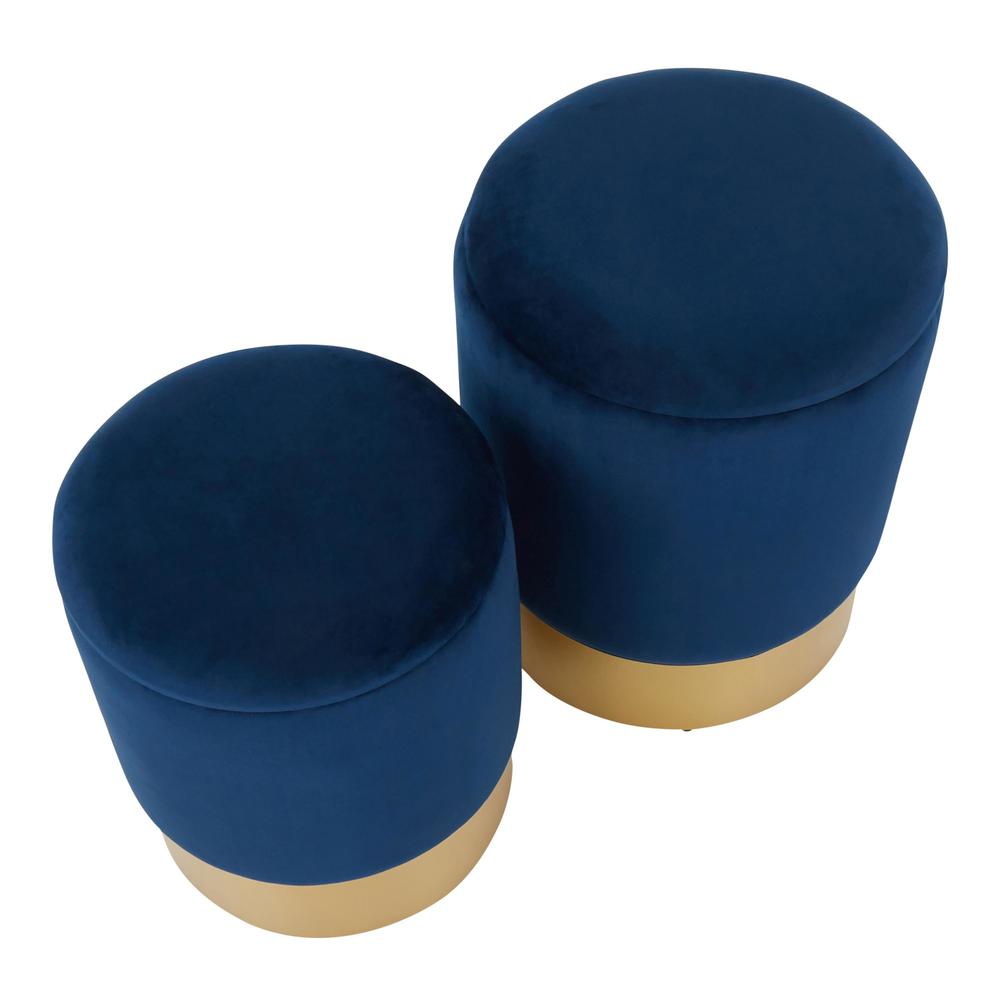 Marla Contemporary/Glam Nesting Ottoman Set in Gold Metal and Blue Velvet. Picture 5