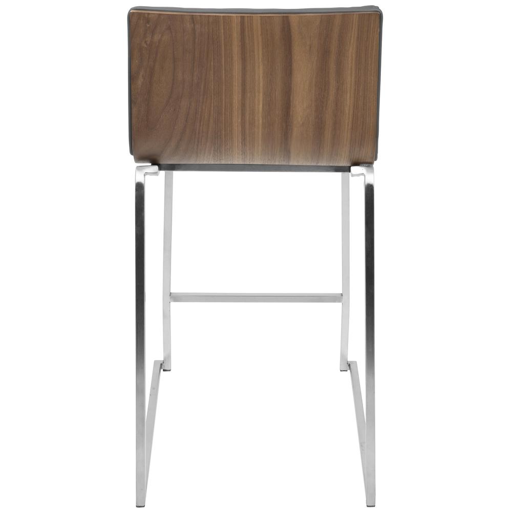 Mara 26" Contemporary Counter Stool in Brushed Stainless Steel, Walnut Wood, and Grey Faux Leather - Set of 2. Picture 6
