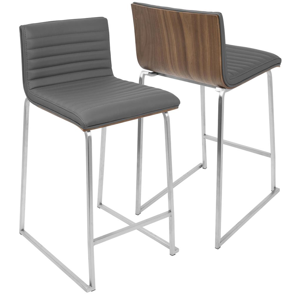 Mara 26" Contemporary Counter Stool in Brushed Stainless Steel, Walnut Wood, and Grey Faux Leather - Set of 2. Picture 2