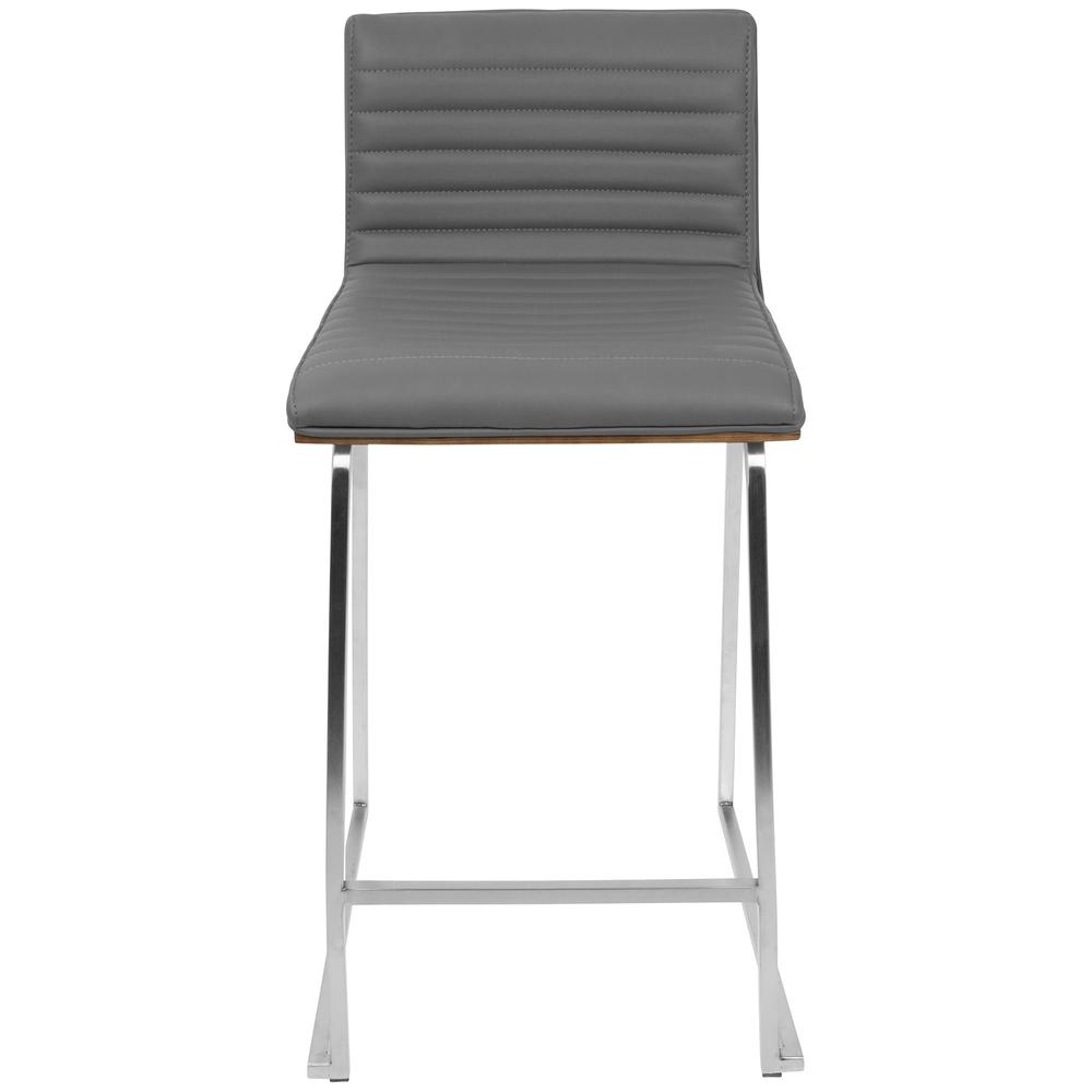 Mara 26" Contemporary Counter Stool in Brushed Stainless Steel, Walnut Wood, and Grey Faux Leather - Set of 2. Picture 7