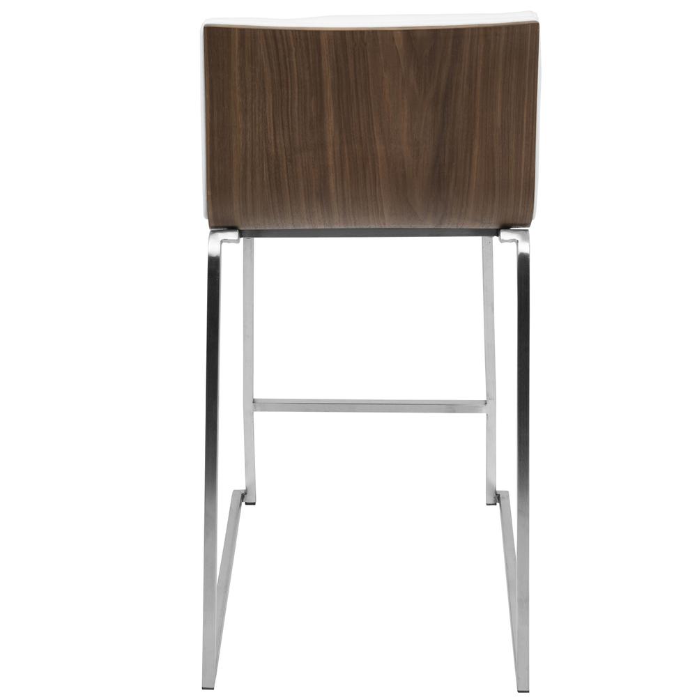 Mara 26" Contemporary Counter Stool in Brushed Stainless Steel, Walnut Wood, and White Faux Leather - Set of 2. Picture 6