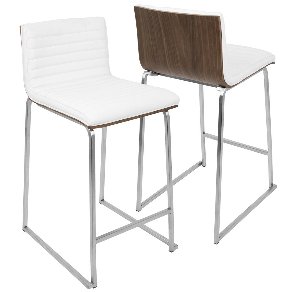 Mara 26" Contemporary Counter Stool in Brushed Stainless Steel, Walnut Wood, and White Faux Leather - Set of 2. Picture 2
